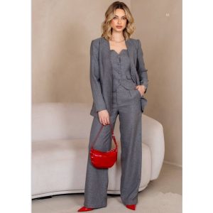 Calça Pantalona de Alfaiataria Cinza com Cinto Ajustável